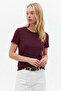 Women's Crew Neck Loose Basic Claret Red T-Shirt - 2
