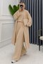 Women's Cupra Pike Long Cardigan Blouse Wide Leg Pants 3-Piece Abaya Set 3205 Beige - 6