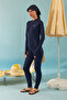 Jumpsuit Swimsuit Navy Blue with Stitching Detail - 2