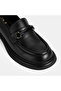 Women's Black Leather Loafer with Metal Buckle Detail - 6