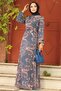 Floral Patterned Indigo Blue Hijab Dress 279081Im - 2