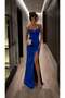 Siete Satin Evening Dress with Threaded Straps and Slits 582177 Cobalt Blue