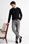 Men's Crew Neck Navy Blue Sweater Knitwear Honeycomb Knit Solid Color Classic Fit - 5243C - 3