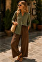 Khaki Oversized Summer Linen Shirt 100% Cotton Pocketed Trend Wide Fit Drop Shoulder Women - 3