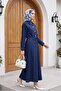 Shirt Collar Belted Half Buttoned Long Denim Dress -Dark Blue - 4