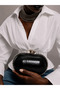 Women's Black Shiny Stone Detailed Chain Case Evening Dress Bag