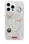iPhone 16 Pro Max Stone Case with Pearl Necklace Detail, Marbling Effect, 3D Heart and Motif Charm Cover