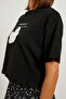 Women's Floral Text Printed Short Sleeve Black T-Shirt - 4