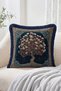 Fringed Throw Pillow Cover with Blooming Tree Motif in Navy Blue and Beige Frame - Vintage Decorative Pillow