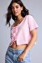 Regular Fit V-Neck Wrinkled Textured Fabric Short Sleeve Pink Blouse F1009Ax26Sm - 5