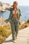 Italian Khaki Shirt Collar 3/4 Sleeve Lined Embroidered Wide Leg Woven Beach Bottom-Top Set 80-105 68-65 - 4