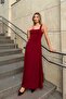 Bordo Una Thick Strap Square Neck Flared Detail Women's Midi Dress - 5