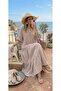 V-Neck Half Placket Buttoned Elasticized Sleeve Hem Viscose Fabric Full Length Dress - 3