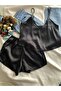 Women's Black Satin Nightgown Suit with Shorts - 2