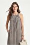 Women's Adriana Halter Collar Pleated Pocketed Long Vintage Pattern Woven Gray Dress - 3