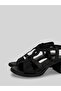 Zemira Women's Black Leather Stone Embellished Fish Scale Thick Heeled Rubber Laced Heeled Sandals 7 cm - 5