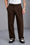 Men's Brown Zra Model Pleated Wide-Leg Fabric Trousers Oversize Relaxed Fit - 4