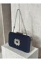 Navy Blue Color Z.A.R.A. Satin Crystal Stone Embroidered Chain Women's Evening Dress Bag Wedding Engagement Graduation - 2