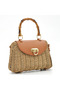 Earth Tone Straw Texture Exotic Bamboo Handle Natural Knitted Vegan Leather Flap Cover Hand Shoulder Bag - 4
