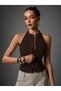 Women's Dark Bitter Brown Zippered Halter Neck Atlas Fabric Blouse Stylish & Modern Fit