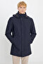 Men's Navy Blue Standard Fit Regular Cut Coat with Hood, Stand Collar, Snap Fasteners and Side Pockets - 3