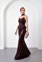 Women's Brown Shawl Collar Sequin Long Fishtail Evening Dress - 2