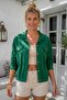Dark Green Shirt Collar 3/4 Sleeve Buttoned Embroidered Hole Embroidered Cotton Oversize Woven Jacket 65 79