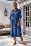 Dark Blue Shirt Collar 3/4 Sleeve Buttoned Pocket Casual Muslin Woven Dress 122 65 - 4
