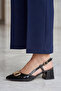 V-Royal Black Patent Leather Shiny Gold V-Buckle Detailed Elegant Slingback - Pointed Toe Low Square Heel - 2