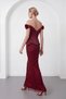 Women's Burgundy Boat Neck Floral Detailed Long Stone-Embellished Evening Dress - 4