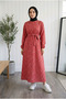 Women's Red Floral Patterned Long Dress with Elastic Waist - 130 cm Maxi Length Belted Dress - 2