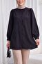 Buttoned V-Neck Jacquard Crinkle Tunic - Black - 2