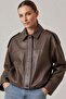 Brown Genuine Leather Oversized Women's Jacket with Cropped Belted Shoulder Epaulettes