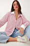 Contrast Cuffed Striped Oversize Shirt Lub0347 Pink Burgundy