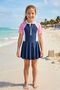Girl's Short Sleeve Skirted Swimsuit Pink Navy Blue White Color Block with Upf 50 Protection - 2