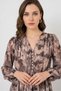 Women's V-Neck Gathered Waist Patterned Chiffon Light Beige Dress - 2