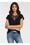 Women's Lace and Zipper Collar Short Sleeve Collar with Guipure Detail Stylish Tshirt Blouse - 5