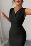 New Season Women's Sleeveless Double-Breasted Collared Waist Drawstring Detail Midi Elegant Crepe Dress - 5