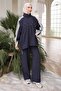 Navy Blue Lace Detailed Tunic and Pants Set - 3