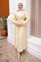 Yellow Collared Skirt Suit with Gathered Waist and Tie - 2