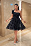 Stoned Tulle Fabric Mini Dress with Drawstring Detail - Dark Blue - 2