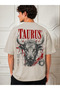 Unisex Beige Taurus Printed Oversize Crew Neck T-Shirt - 2