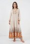 Women's Shirt Collar, Gathered Waist, Long Sleeves, Flounced Hem, Authentic Patterned Viscose Ecru Hijab Dress - 2