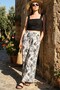 Women's Black and White Leaf Pattern Comfortable Flowy Wide Leg Woven Shalwar 25Kslvh504 - 6