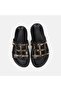 Women's Black Geometric Leather Slippers with Metal Detail - 6