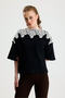 Black Collar Lace Detailed Short Sleeve Tshirt - 4