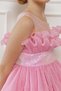 Girl's Transparent Straps Round Neckline Sequin Belted Skirt Layered Tulle Fluffy Pink Evening Dress - 6
