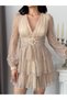 Beige V-Neck Lace Sleeve Short Evening Dress with Back Detail - 5