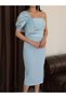 Baby Blue One-Shoulder Draped Detailed Midi Evening Dress - 5
