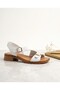 Inside and Outside, 100% Genuine Leather, Soft Sole, Low Heel, White Women's Sandals with Gold Buckle - 3